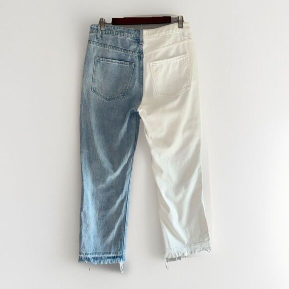 Vervet High Rise Cross Over Two Toned Jeans Rigid Denim Fray Hem Crop Flare 28 - Picture 5 of 16